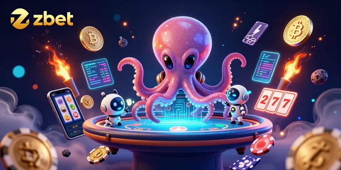 Experience thrilling poker action with zbet's alien octopus dealer surrounded by crypto elements.