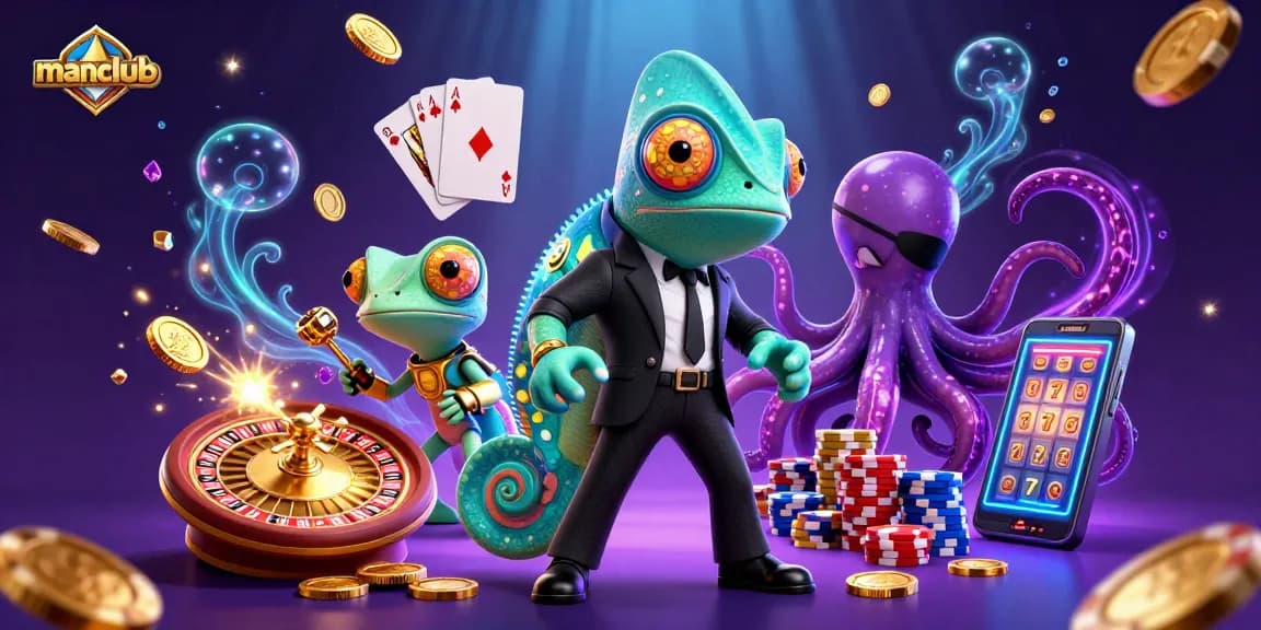 Engage with manclub's vibrant casino scene featuring characters from a thrilling 3D digital illustration.