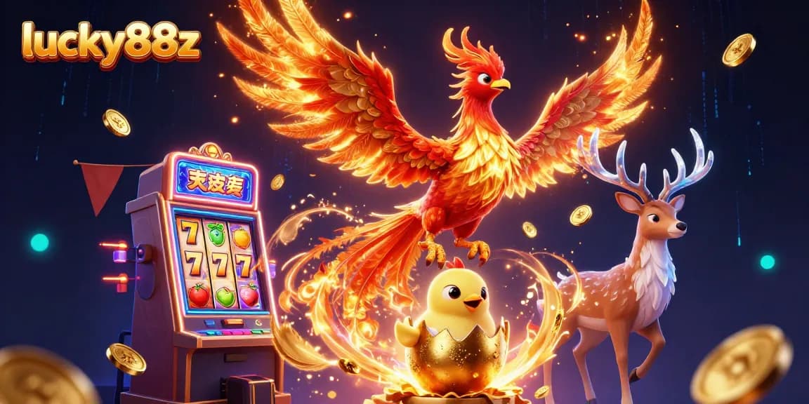 Spin the reels of lucky88z in an immersive 3D casino artistic scene with magical phoenix elements.