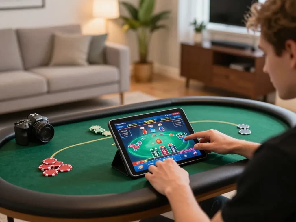 Engaging in exciting poker gameplay with TG88 on tablet in a stylish living room setting