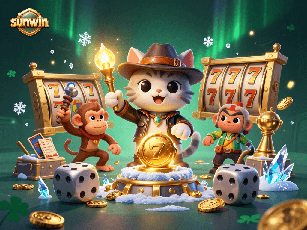 Engage with sunwin's thrilling casino adventures featuring a cat and monkey discovering treasures.