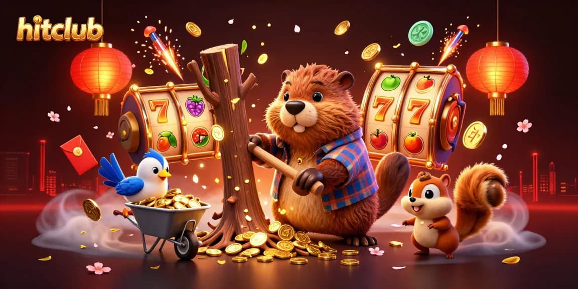 hitclub players enjoying slot games with golden coins raining and vibrant characters
