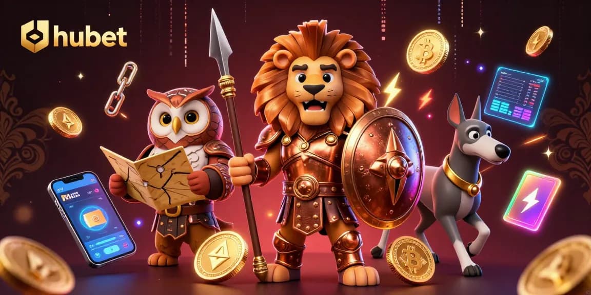 Join the hubet gaming action with a Spartan lion, owl strategist, and greyhound messenger in a dynamic casino scene.