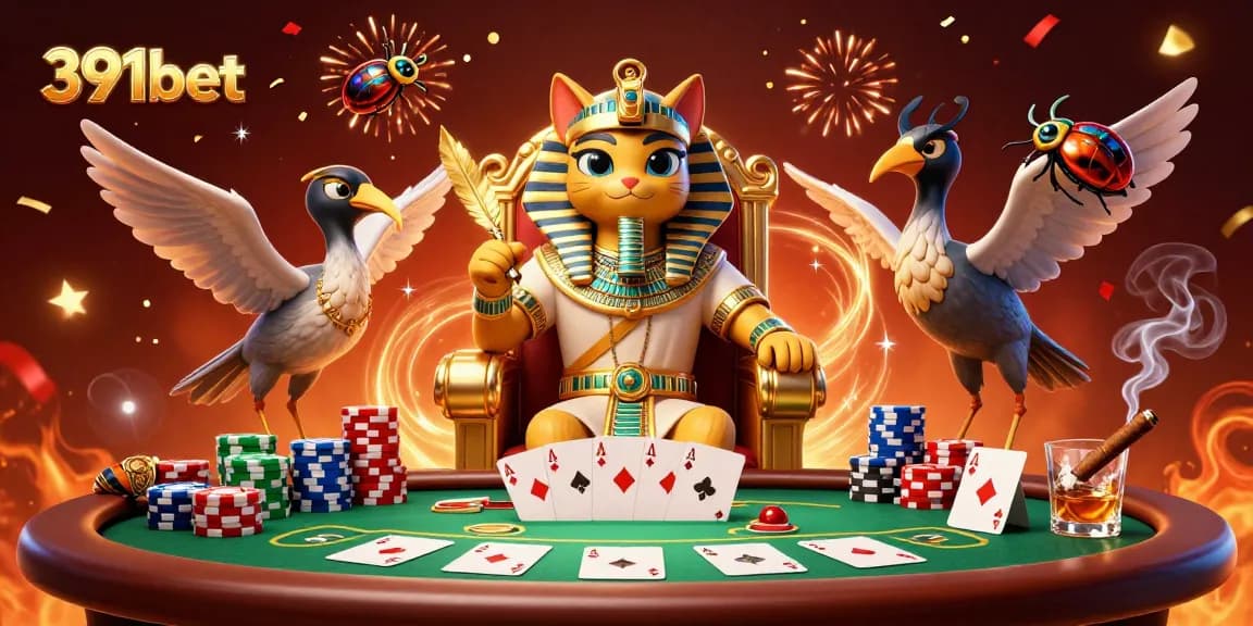 391bet provides an exciting scene with a pharaoh cat and gaming elements celebrating big wins.