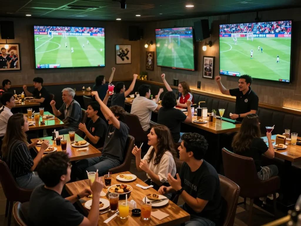 Socolive streaming fans cheering during a soccer match at a vibrant sports bar.
