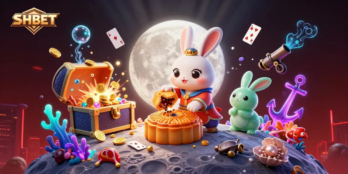 Experience SHBET's vibrant casino scene with a playful moon rabbit and thrilling gaming elements.