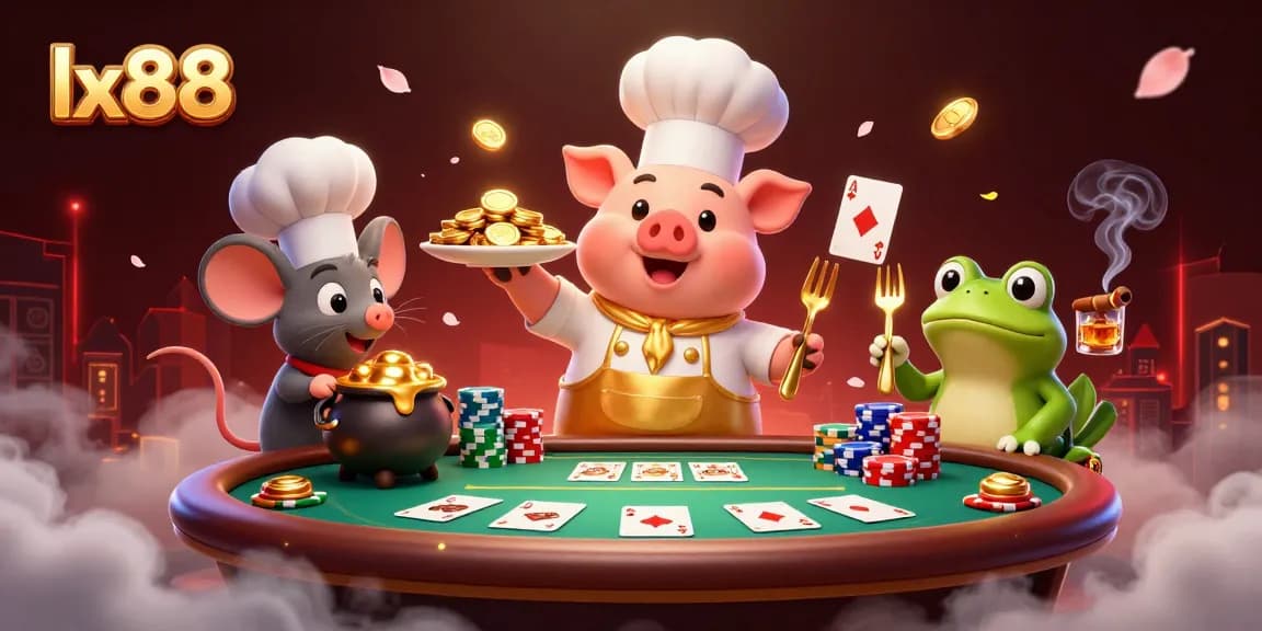 Experience lx88's vibrant gaming scene with a chef pig serving gold coins at a dynamic casino.