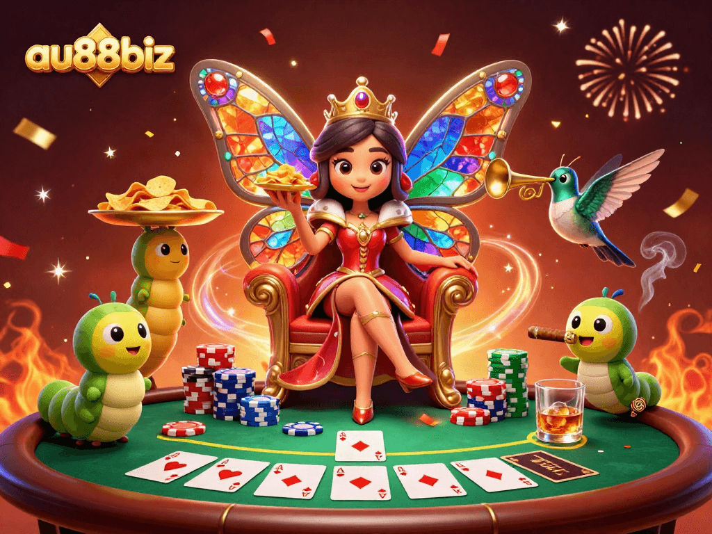 Join the excitement at au88biz with vibrant poker action and animated characters in a colorful 3D scene.