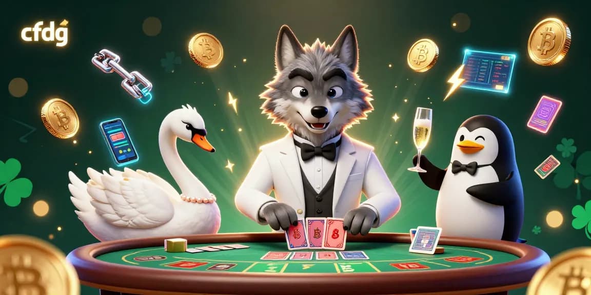 Engage with cfdg casino games featuring a debonair wolf, elegant swan, and a sophisticated penguin in a luxurious setting.