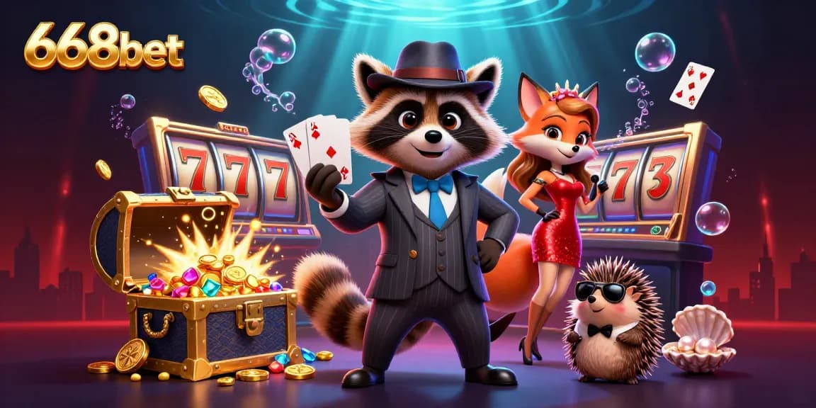Experience the thrill of winning with 668bet's vibrant illustration of a raccoon and friends in a casino setting.