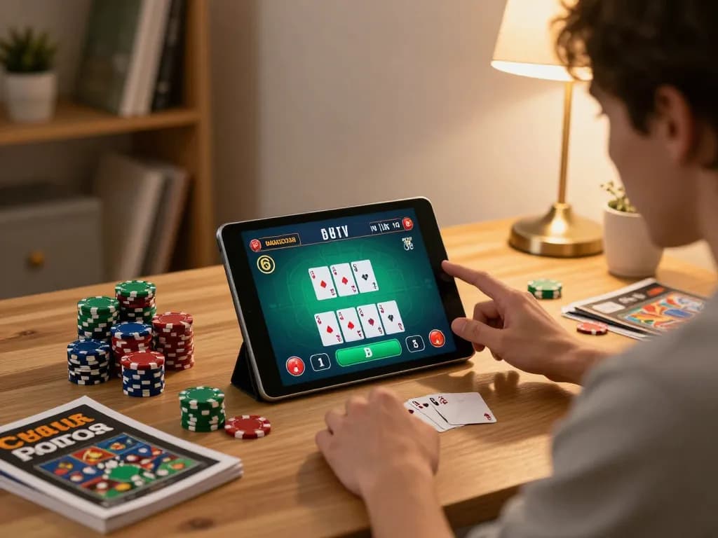 Player enjoying online blackjack experience on XO88 tablet with poker chips and strategy notes