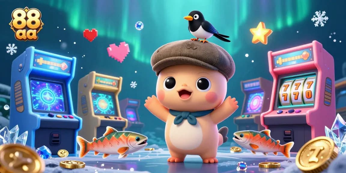 Engage with 88 aa's vibrant casino scene filled with colorful slot reels, gold coins, and playful characters, showcasing thrilling gameplay.
