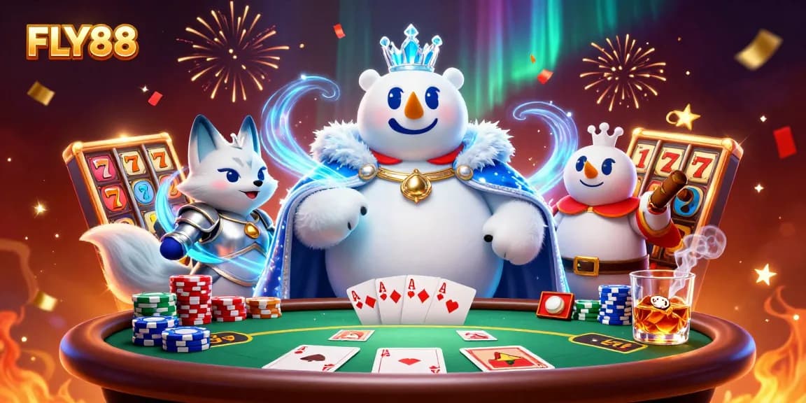 Experience the thrilling action at FLY88 with a vibrant poker scene featuring a polar bear king and his fox companion.
