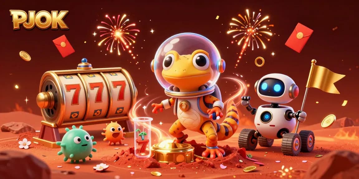 Engage with PJOK's vibrant casino experience featuring a Martian gecko discovering gold amid dynamic gaming elements.