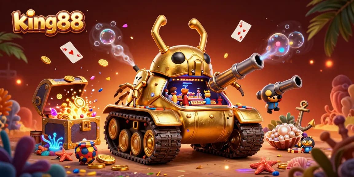 Experience king88's vibrant casino adventure featuring a golden beetle tank amidst treasure and games.