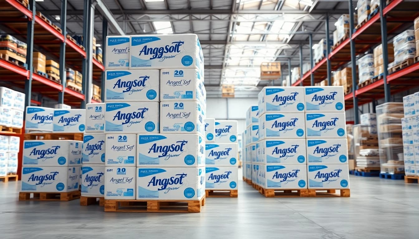 View of Angel Soft Toilet Paper Pallets stacked in a modern warehouse, showcasing quality and organization.