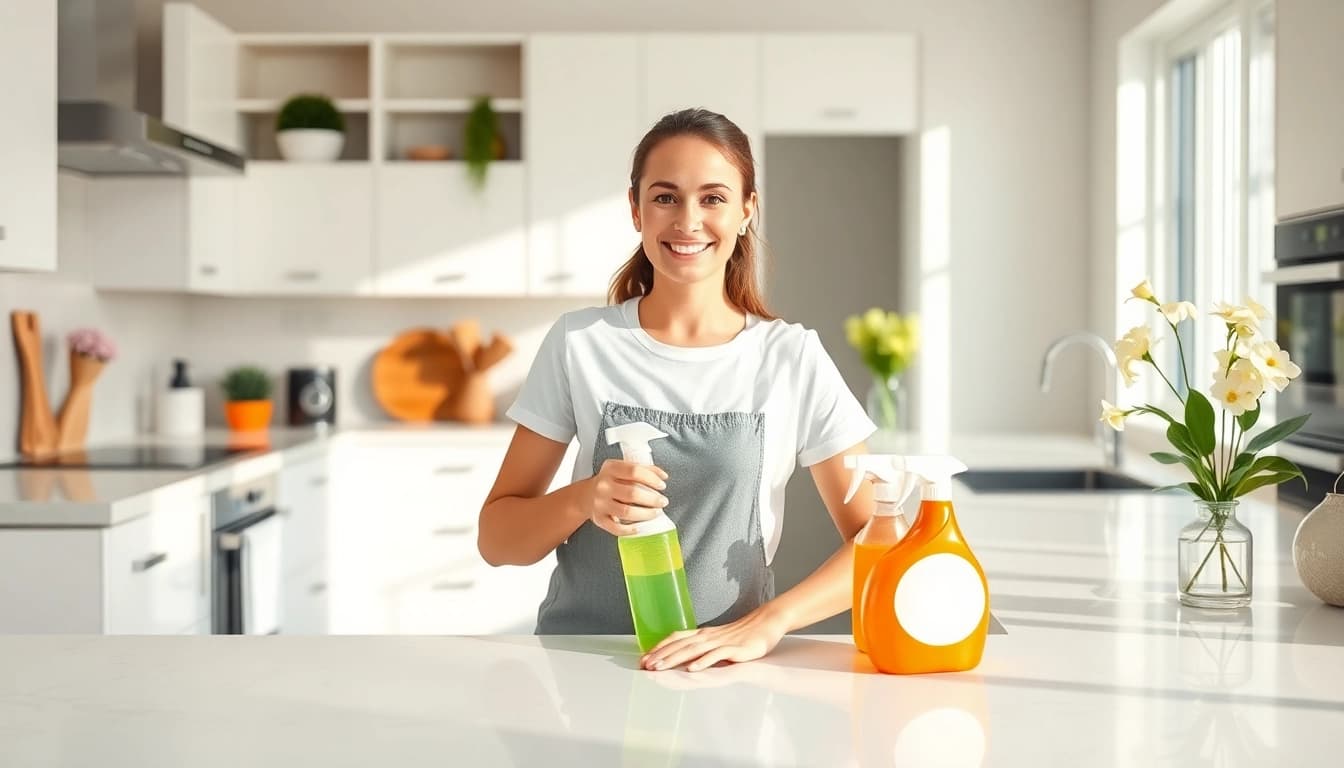 Experience top-notch deep cleaning services USA with a professional cleaner in a pristine kitchen.
