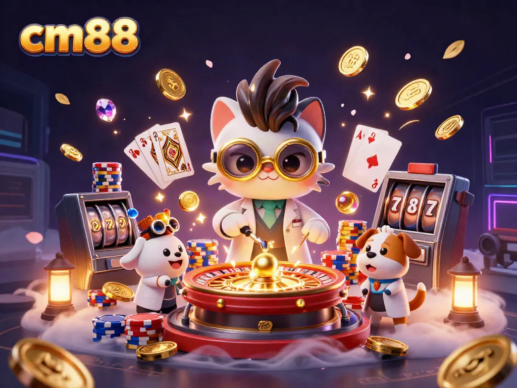 Experience thrilling gameplay at cm88 with a 3D mad scientist cat and dog amidst gold coins and casino elements.
