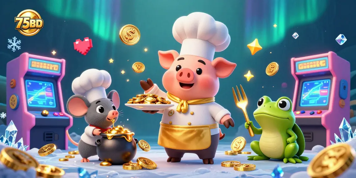 Experience thrilling casino action at 75BD with an enchanting 3D illustration of a gourmet gold coin feast.