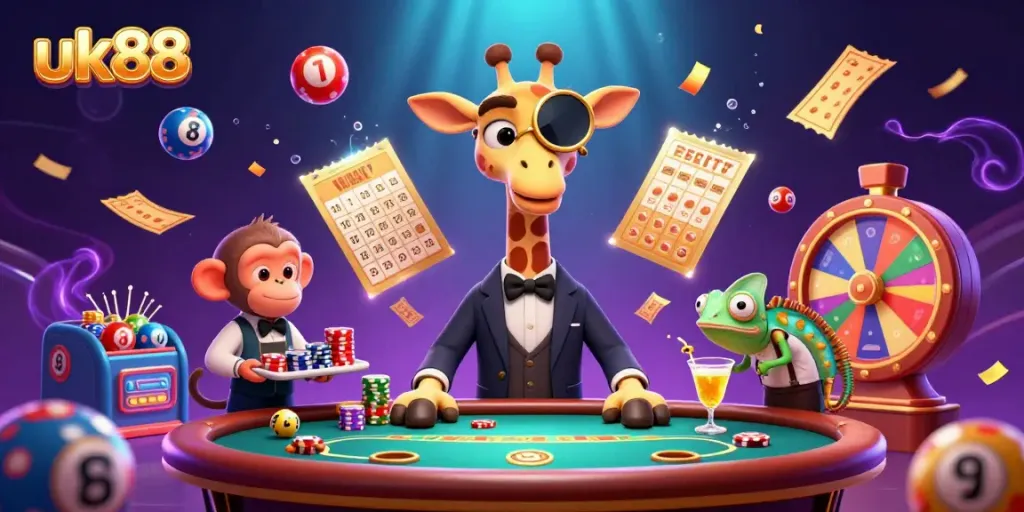 Experience thrilling gaming at uk88 with a high-roller giraffe in a vibrant casino scene.