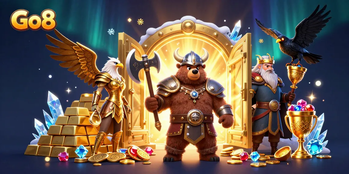 Engage with Go8's thrilling casino adventure featuring a Viking bear and Valkyrie eagle.