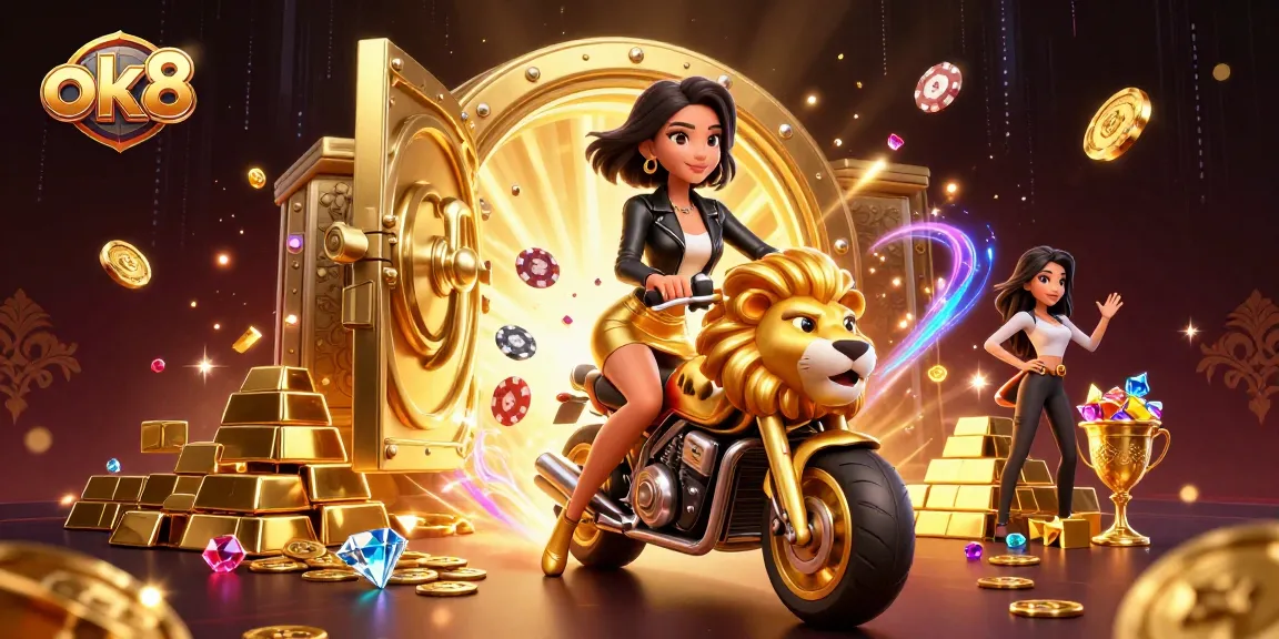Experience thrilling gameplay at ok8 with an Asian woman riding a golden lion mascot in a dazzling casino scene.