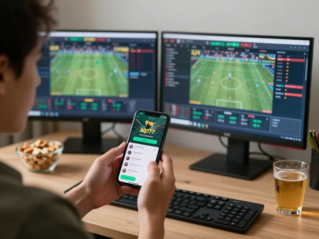Uma pessoa fazendo apostas no aplicativo AQ777 em seu smartphone durante um emocionante evento esportivo.