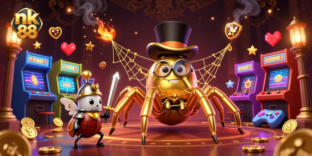 Engage with nk 88 at a vibrant casino scene featuring a golden tarantula and knight.