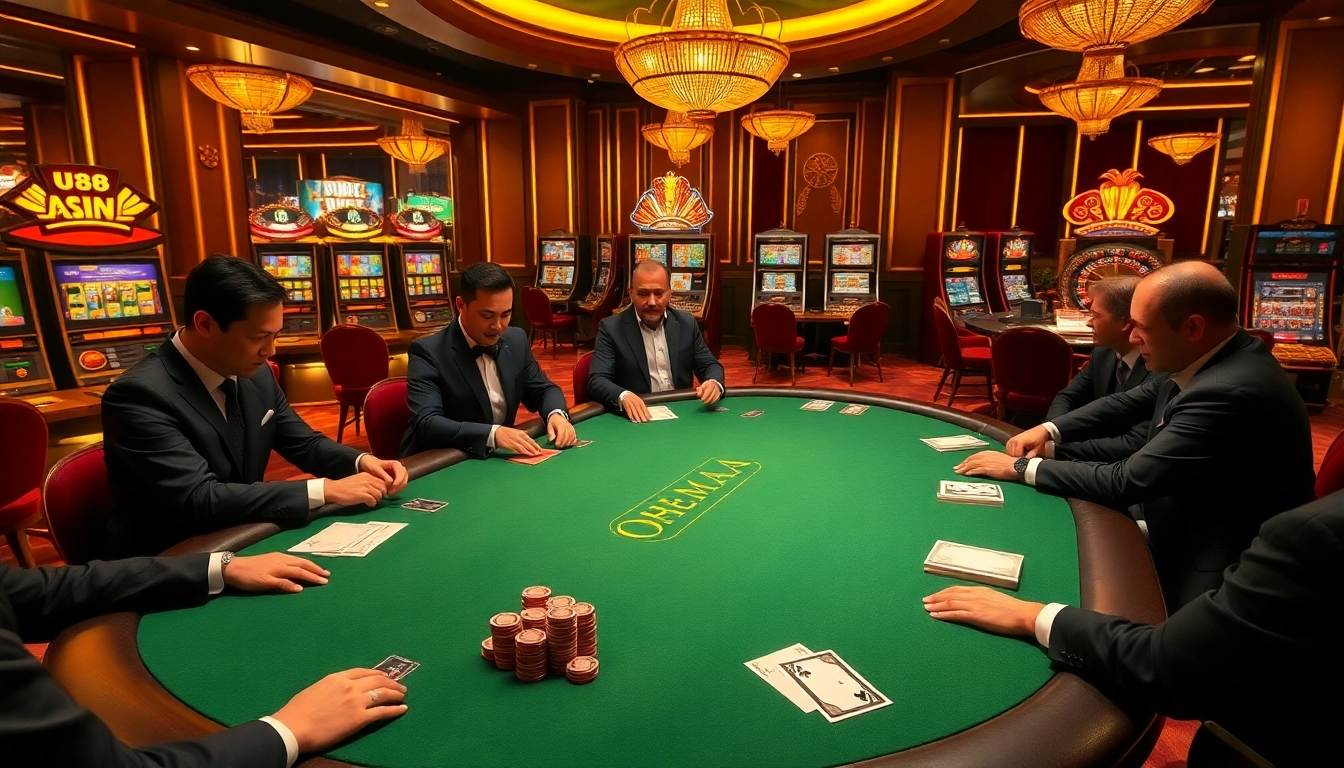 Players enjoy poker at a luxurious uu88 casino table with vibrant chips and cards.
