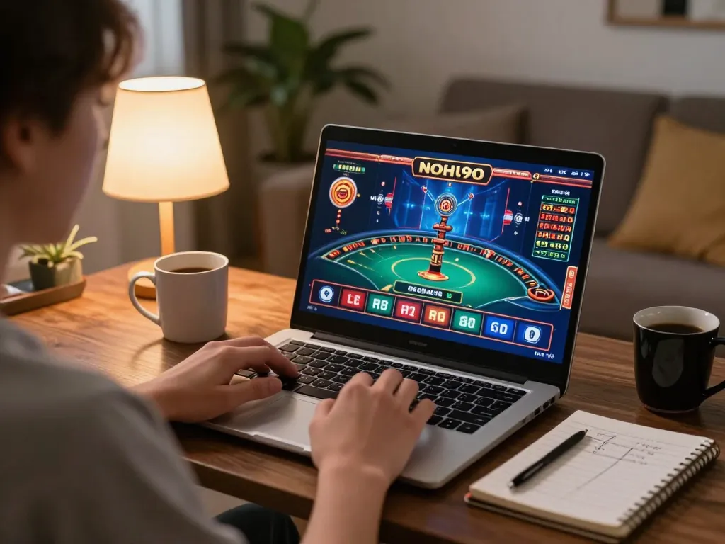 Nohu90 player engaging in a thrilling online casino game from home, highlighting responsible gaming.