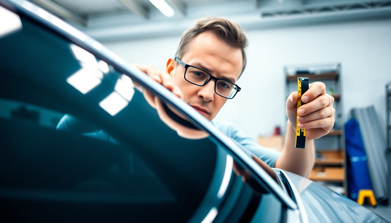 Technician applying window tint Chattanooga to a car in a well-lit garage.