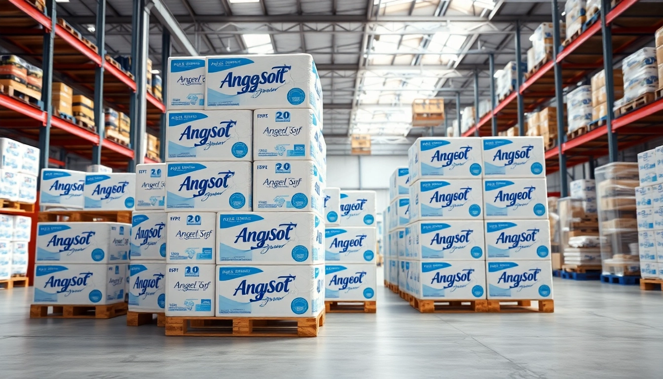 View of Angel Soft Toilet Paper Pallets stacked in a modern warehouse, showcasing quality and organization.