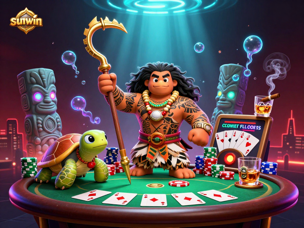 Engage with sunwin's vibrant poker scene featuring cartoon characters and dynamic casino elements.
