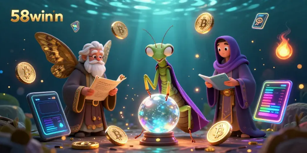 58winin engages players with an illustration of a mystical fortune teller in a vibrant casino setting filled with 3D crypto elements.