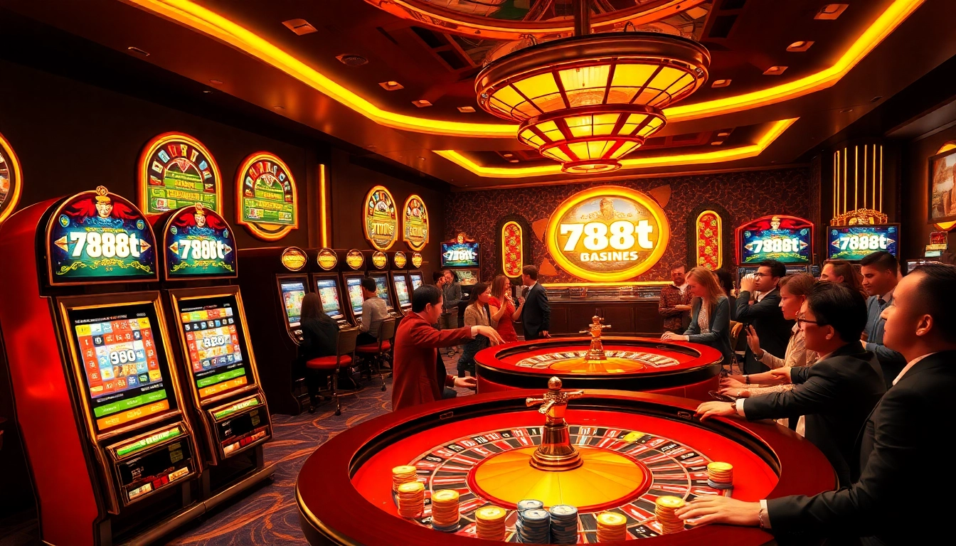 Excited players enjoying games at 788t casino with vibrant slot machines and roulette tables.