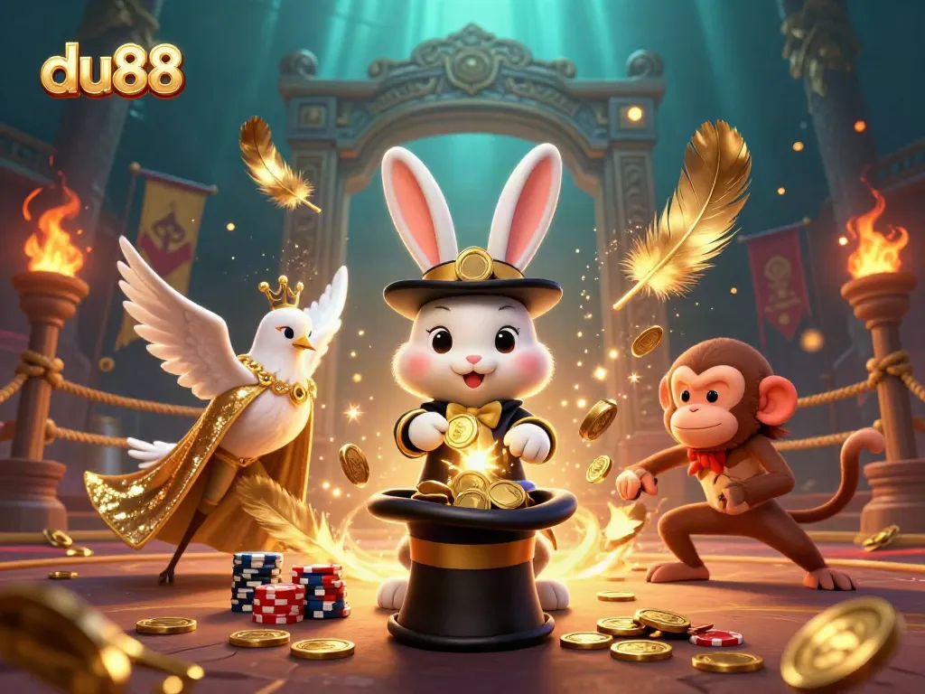 Experience the magic of du88 with a magician rabbit, dove, and monkey amid thrilling casino elements.