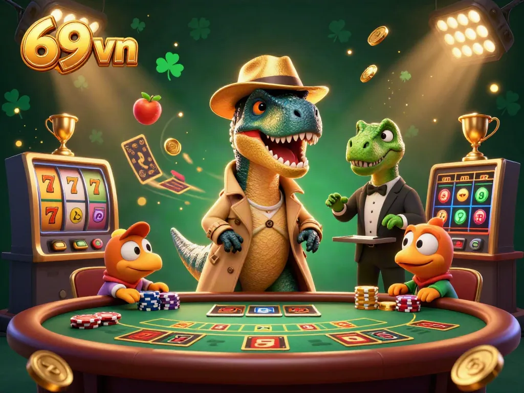 Engaging scene showcasing 69 vn gambling with a cartoon velociraptor at a blackjack table, surrounded by vibrant casino elements.