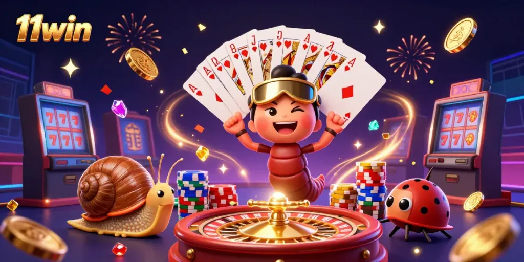 Experience the excitement of 11win with a dynamic casino scene featuring thrilling characters and vibrant game elements.