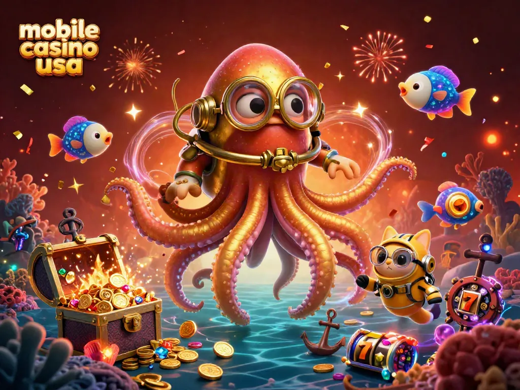 Win big at mobile casino usa, featuring a vibrant kraken scene with treasure and slot reels.
