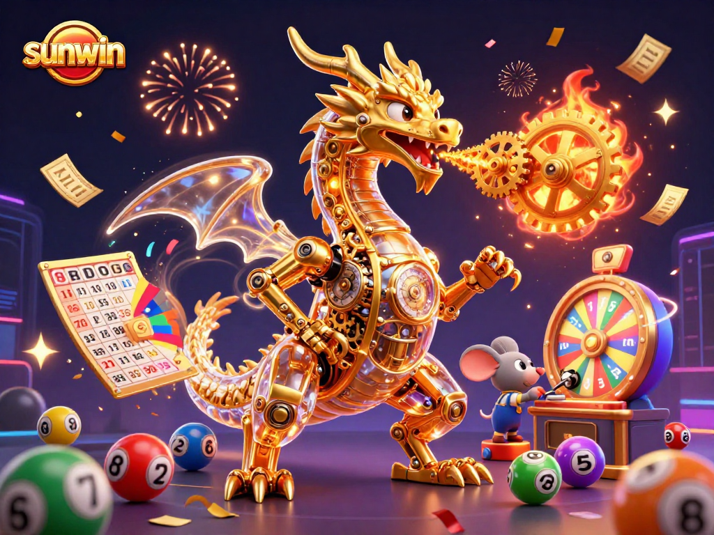 Engage with sunwin in a vibrant casino scene featuring a golden dragon and lottery elements.