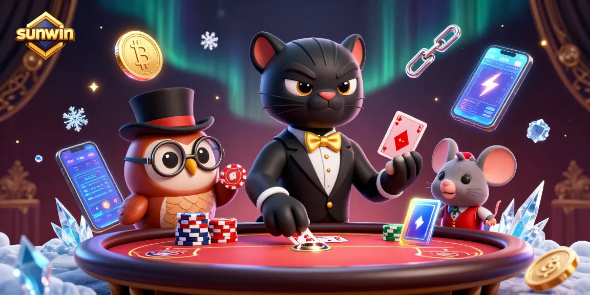 Engage in stylish poker with sunwin featuring a cartoon panther, owl, and mouse amidst digital elements.