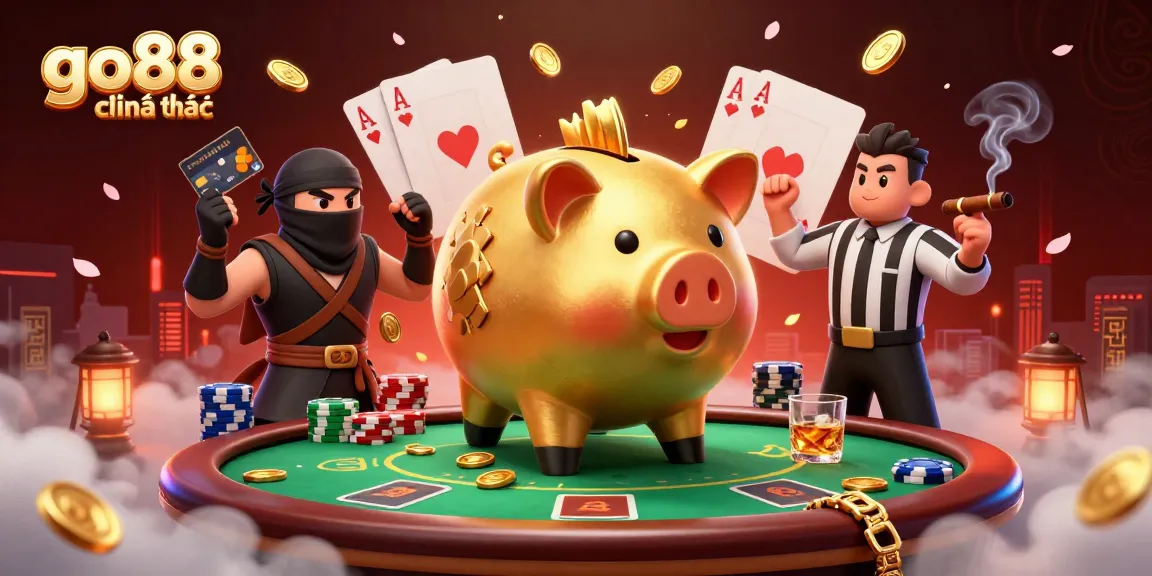 Experience the excitement of go88 chính thức with a dynamic casino scene featuring a golden piggy bank sumo wrestler.