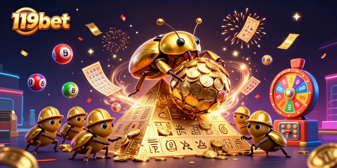 Experience the excitement of 119bet with dynamic lottery elements and vibrant casino symbols in a colorful scene.