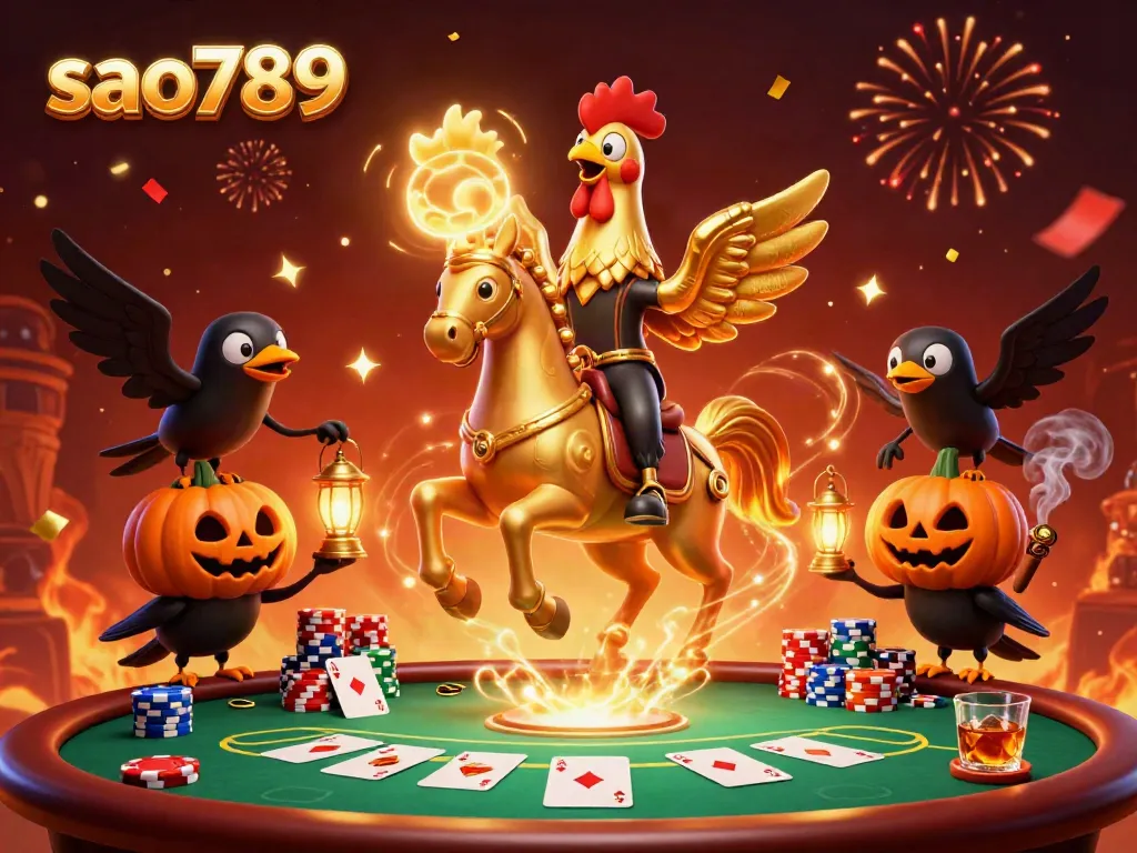 Experience the excitement of sao789 with a golden rooster and casino-themed action in a dynamic 3D scene.