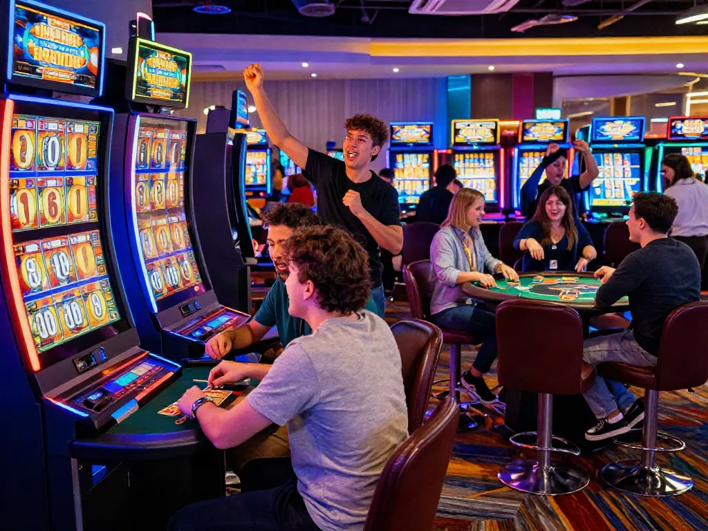 Jogadores felizes se divertindo no Slot Gacor em um cassino vibrante com luzes coloridas.