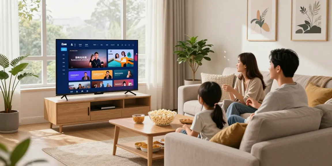 Família desfrutando de Iptv em sala de estar aconchegante, assistindo conteúdo em TV.