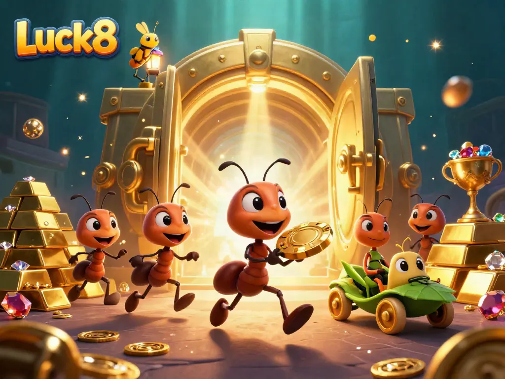 Engage in thrilling gameplay at Luck8 as ants carry golden poker chips in a vibrant heist scene.