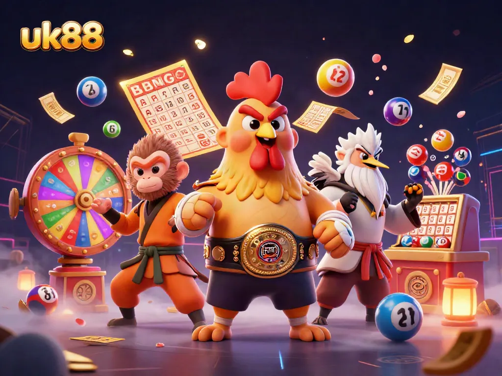 Experience thrilling action at uk88 with our fierce Muay Thai rooster, Shaolin monkey, and wise crane in vibrant casino chaos.