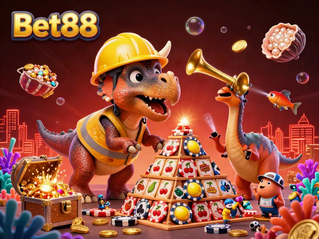 Engage in thrilling betting experiences at Bet88 with a vibrant 3D casino scene featuring colorful game elements.