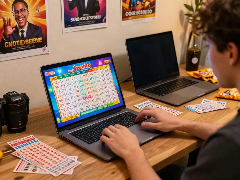 Jogador animado usando Javatoto em um laptop, cercado por bilhetes de loteria e snacks.
